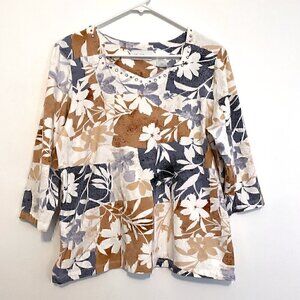 ALFRED DUNNER White Brown Tan Gray ? Floral Patchwork Studded 3/4 Sleeve Blouse